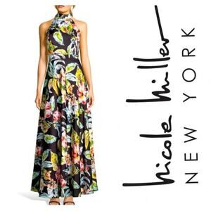 Nicole Miller New York Black Floral Print Halter Maxi Dress Size 6